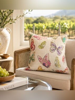 ZARA HOME Artisan Butterfly Linen Accent Pillow Whimsical Garden Motif  #0730267